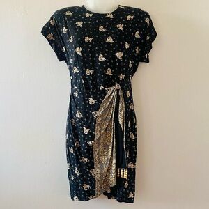 VINTAGE 80s BLACK & CREAM CAP SLEEVE ROSE PRINT TAILORED FIT DRESS
